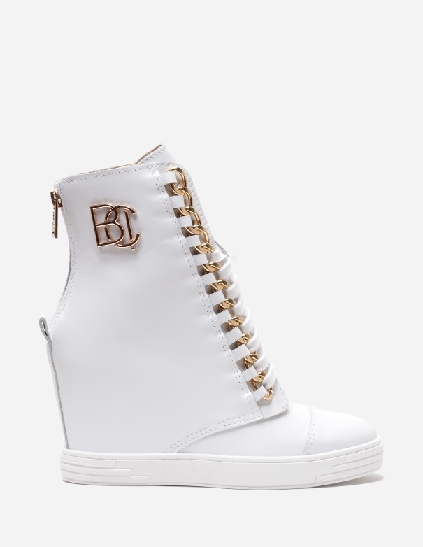 Sneakersy na koturnie skórzane białe złote logo BOOCI|Marka BOOCI