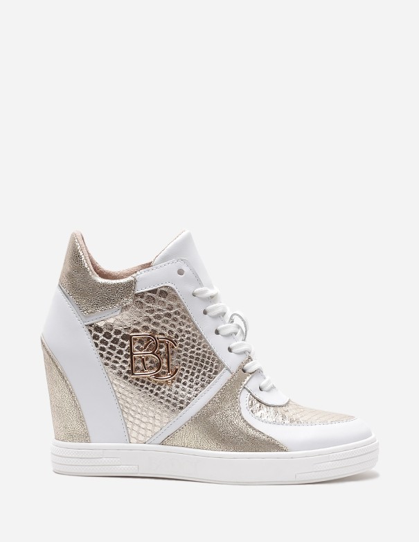 Sneakersy na koturnie skórzane białe wężowe BOOCI|Marka BOOCI