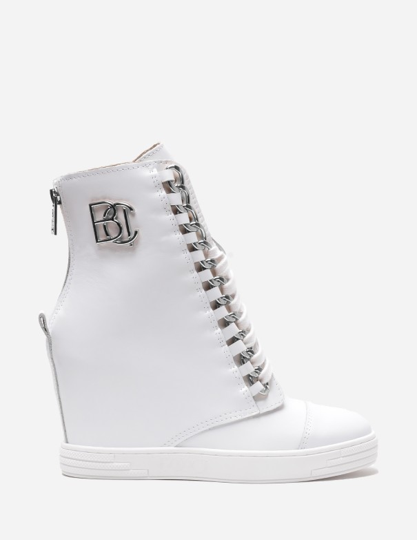 Sneakersy na koturnie białe skórzane srebrne logo BOOCI|Marka BOOCI