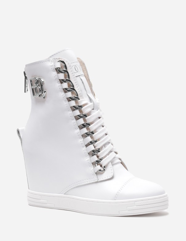 Kup Sneakersy na koturnie białe skórzane srebrne logo BOOCI w sklepie BOOCI