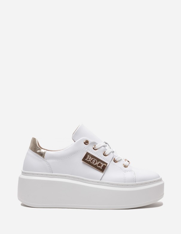 Sneakersy damskie białe skórzane z złotym logo BOOCI|Marka BOOCI